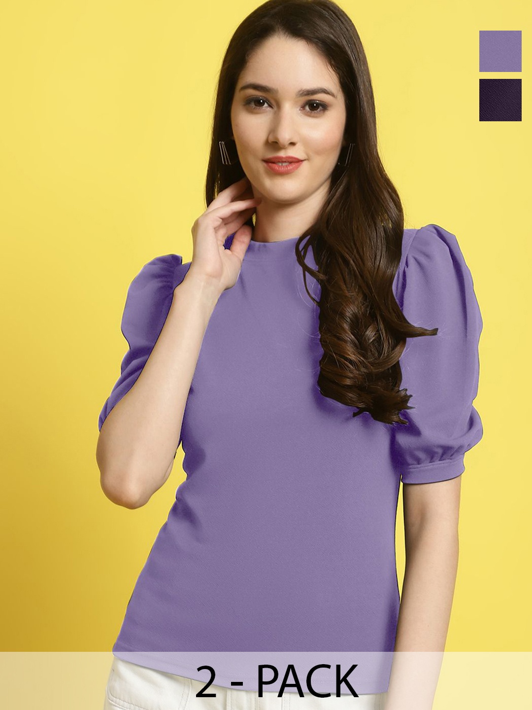 

Metronaut Women Pack Of 2 Solid Round Neck Puff Sleeves Tops, Lavender