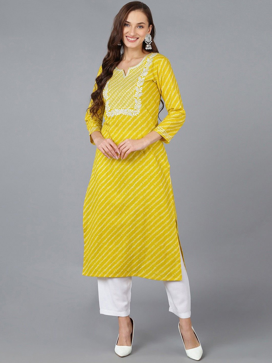 

AHIKA Bandhani Printed Thread Work Cotton Straight Kurta, Yellow