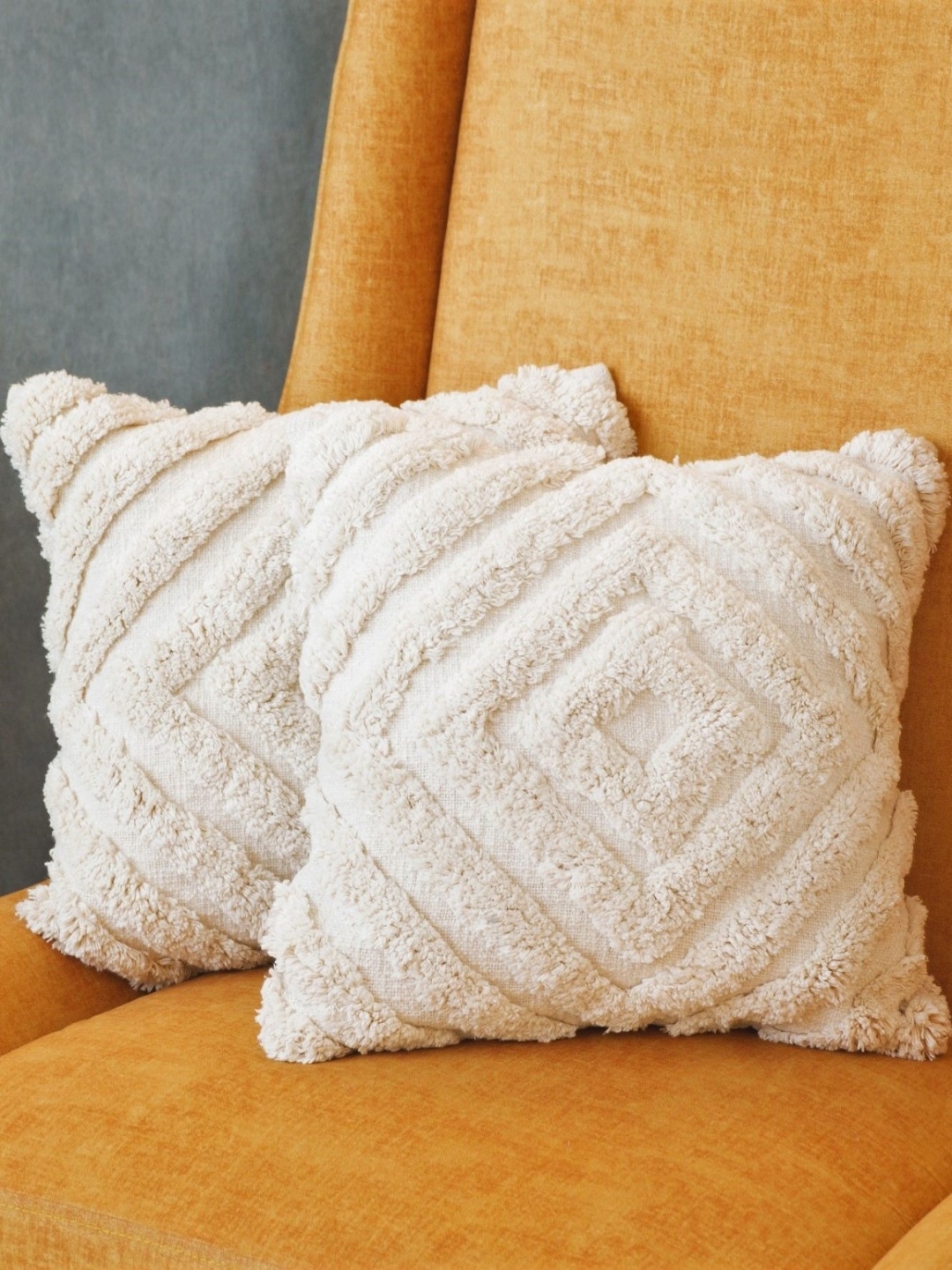 

KRAVIKA Off White 2 Pieces Self Design Cotton Square Cushion Covers