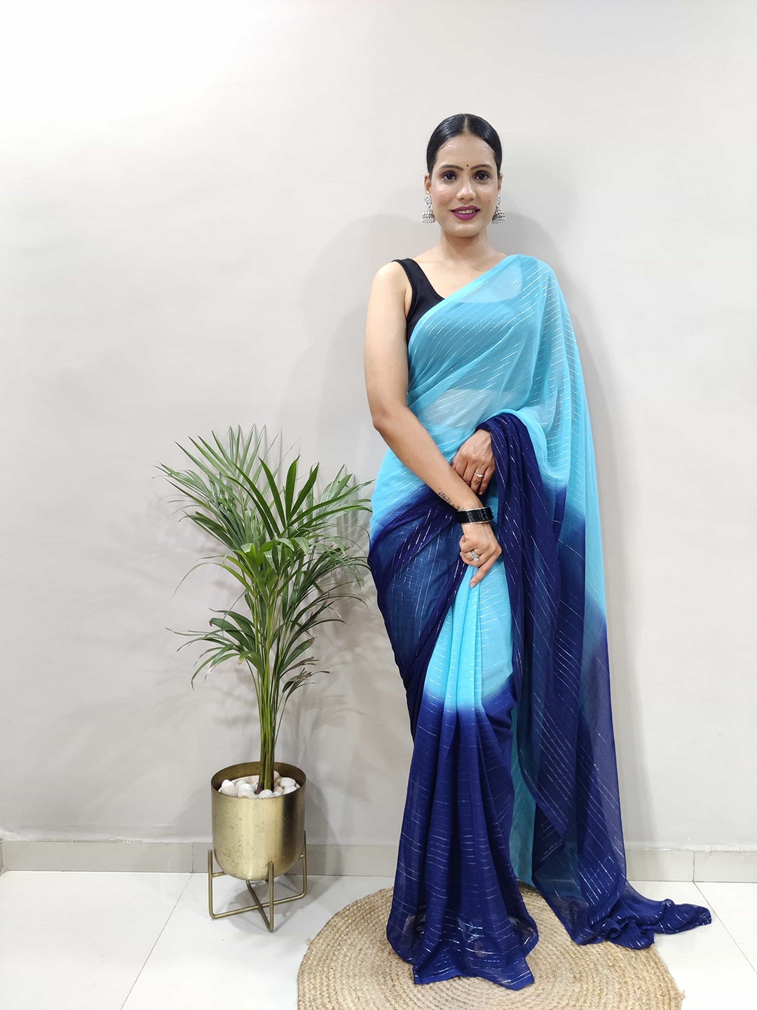 

V3 FASHION STUDIO Leheriya Pure Chiffon Jamdani Holi Saree, Blue