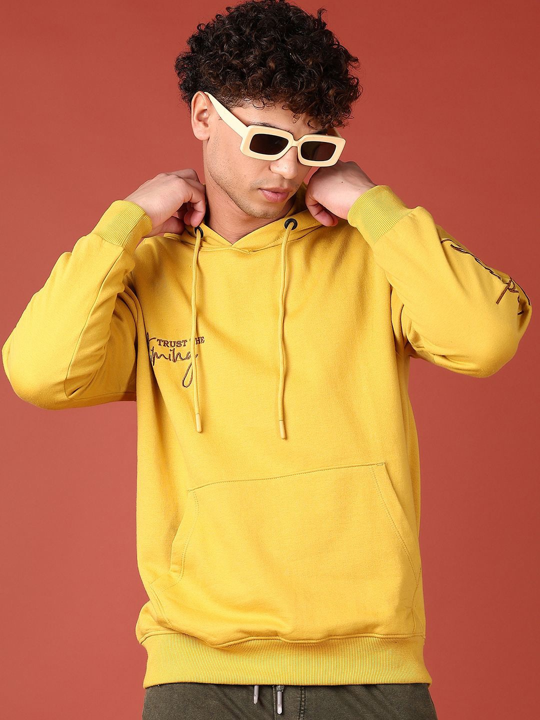 

V-Mart Men Casual Solid Hooded Cotton Pullover Sweatshirt, Mustard