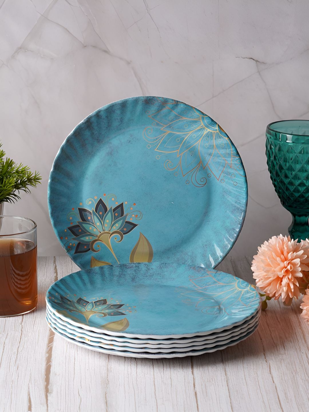 

CDI Blue 6 Pieces Floral Priinted Melamine Dishwasher and Microwave Quarter Plates