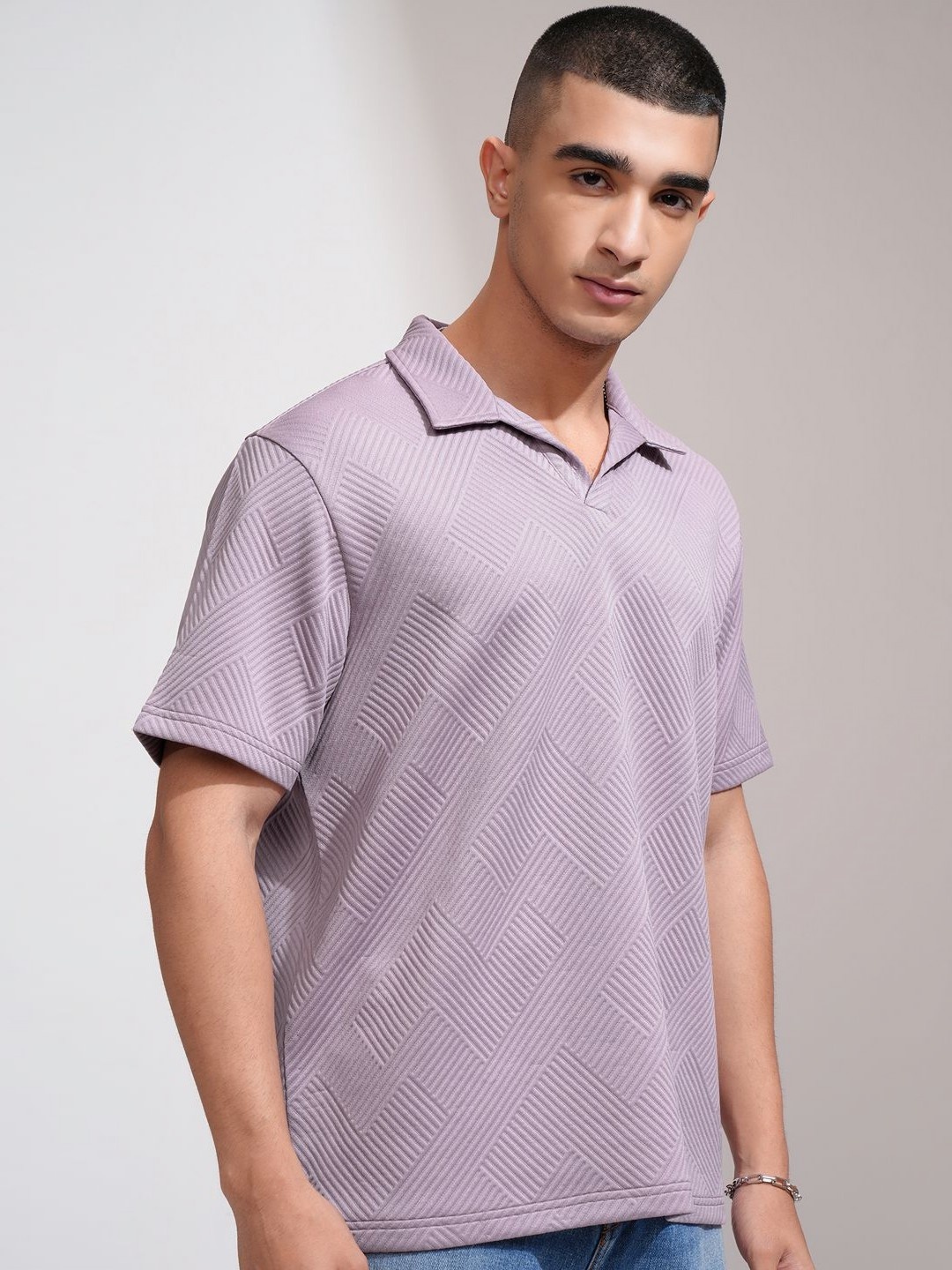 

HIGHLANDER Men Self Design Polo Collar T-shirt, Mauve