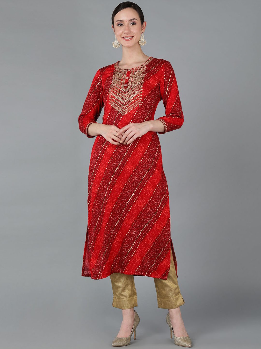 

AHIKA Bandhani Printed Gotta Patti Straight Kurta, Red