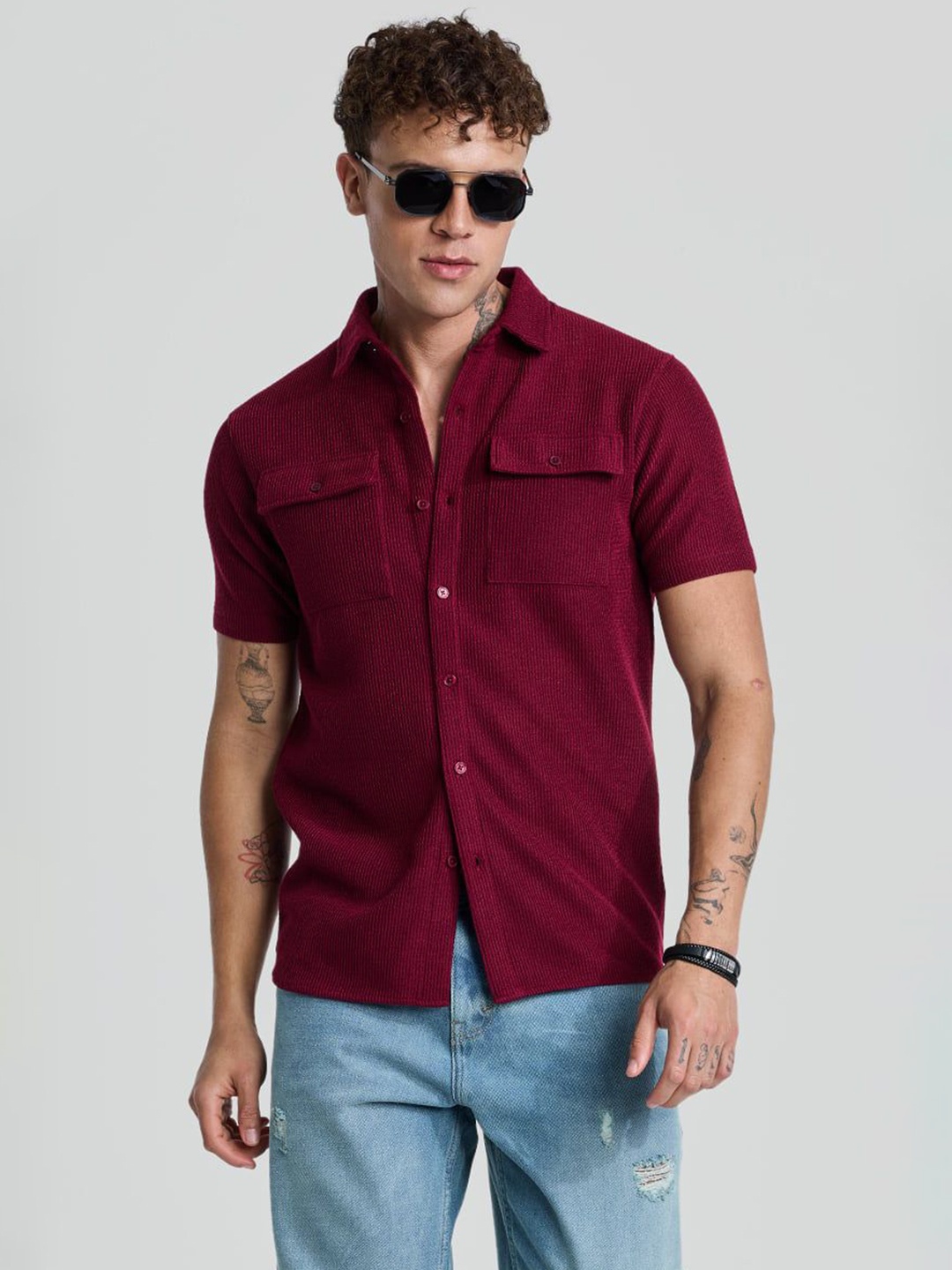 

Snitch Men Smart Spread Collar Textured Casual Shirt, Maroon