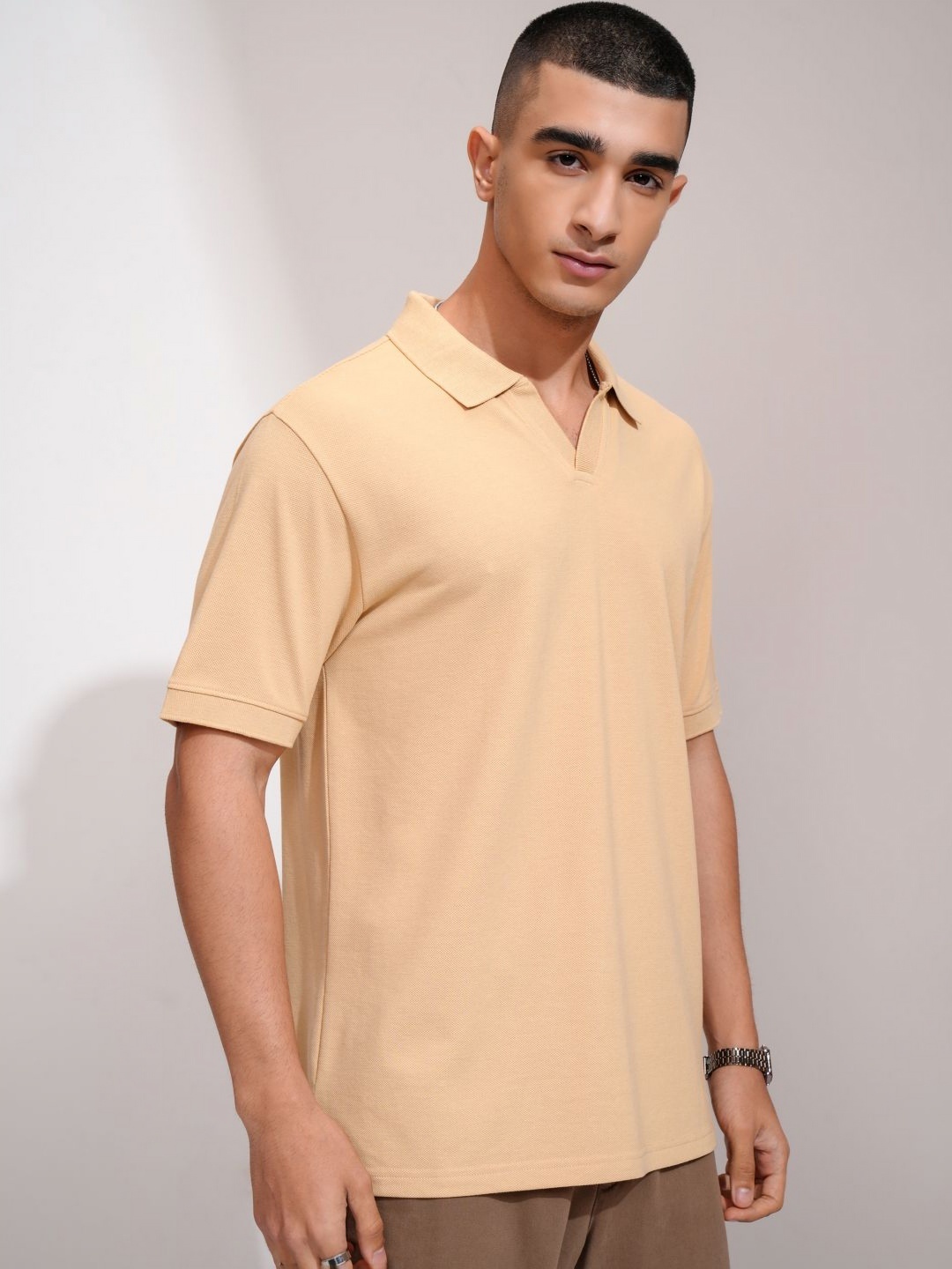 

HIGHLANDER Men Solid Polo Collar Cotton Relaxed Fit T-shirt, Beige