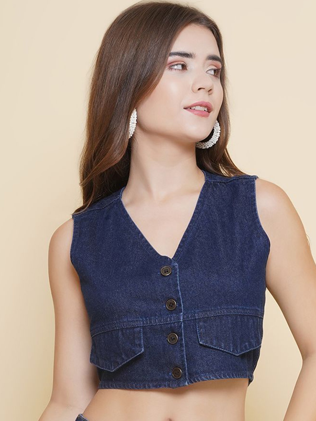 

PUELLA Women Denim Shirt Style Crop Top, Navy blue