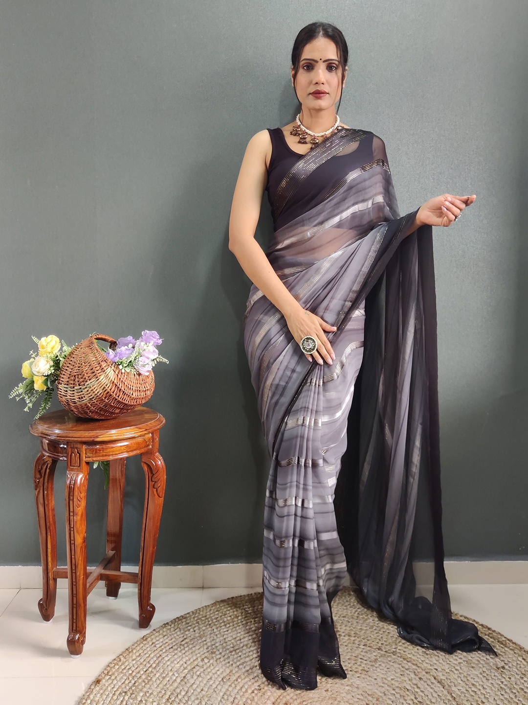 

V3 FASHION STUDIO Zari Striped Pure Chiffon Ready to Wear Saree, Grey