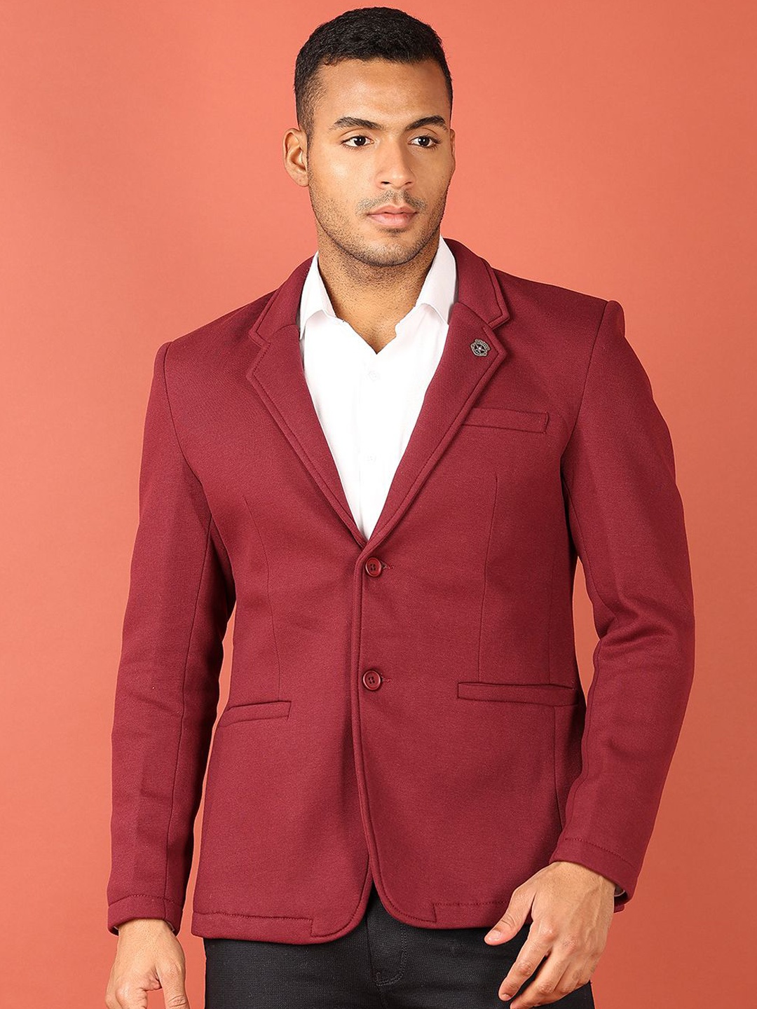 

V-Mart Notched Lapel Collar Cotton Single-Breasted Blazer, Maroon