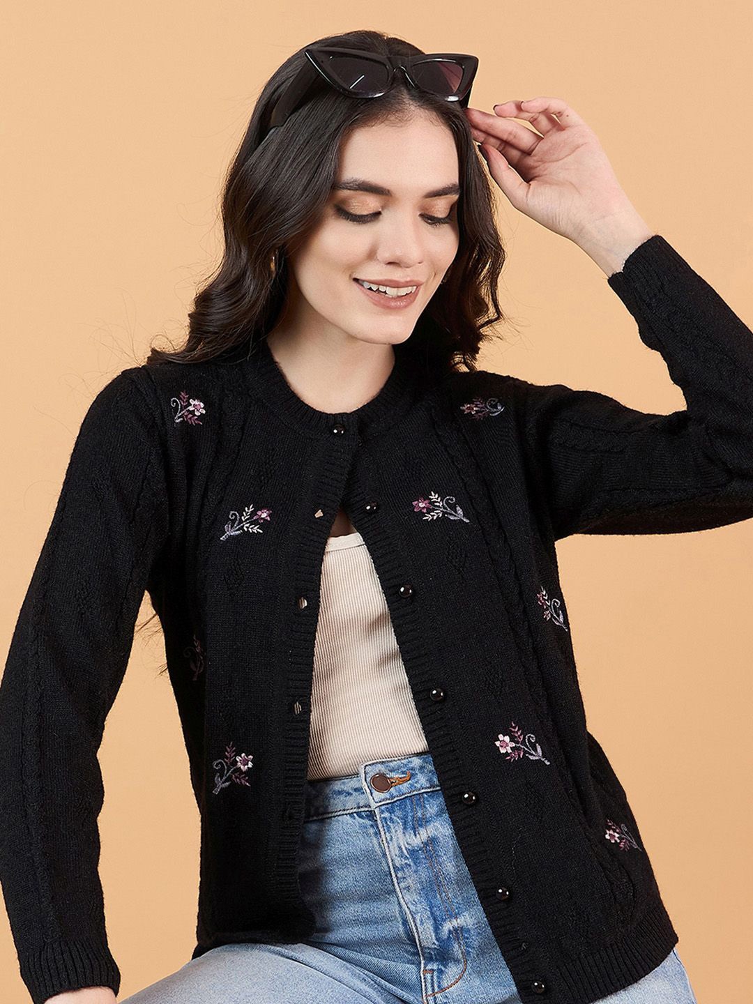 

CLAPTON Women Embroidered Round Neck Woollen Cardigan, Black