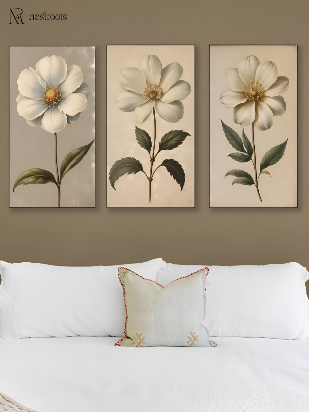

nestroots Black & Beige Floral Printed 3 Pieces Floral Canvas Paintings Wall Arts