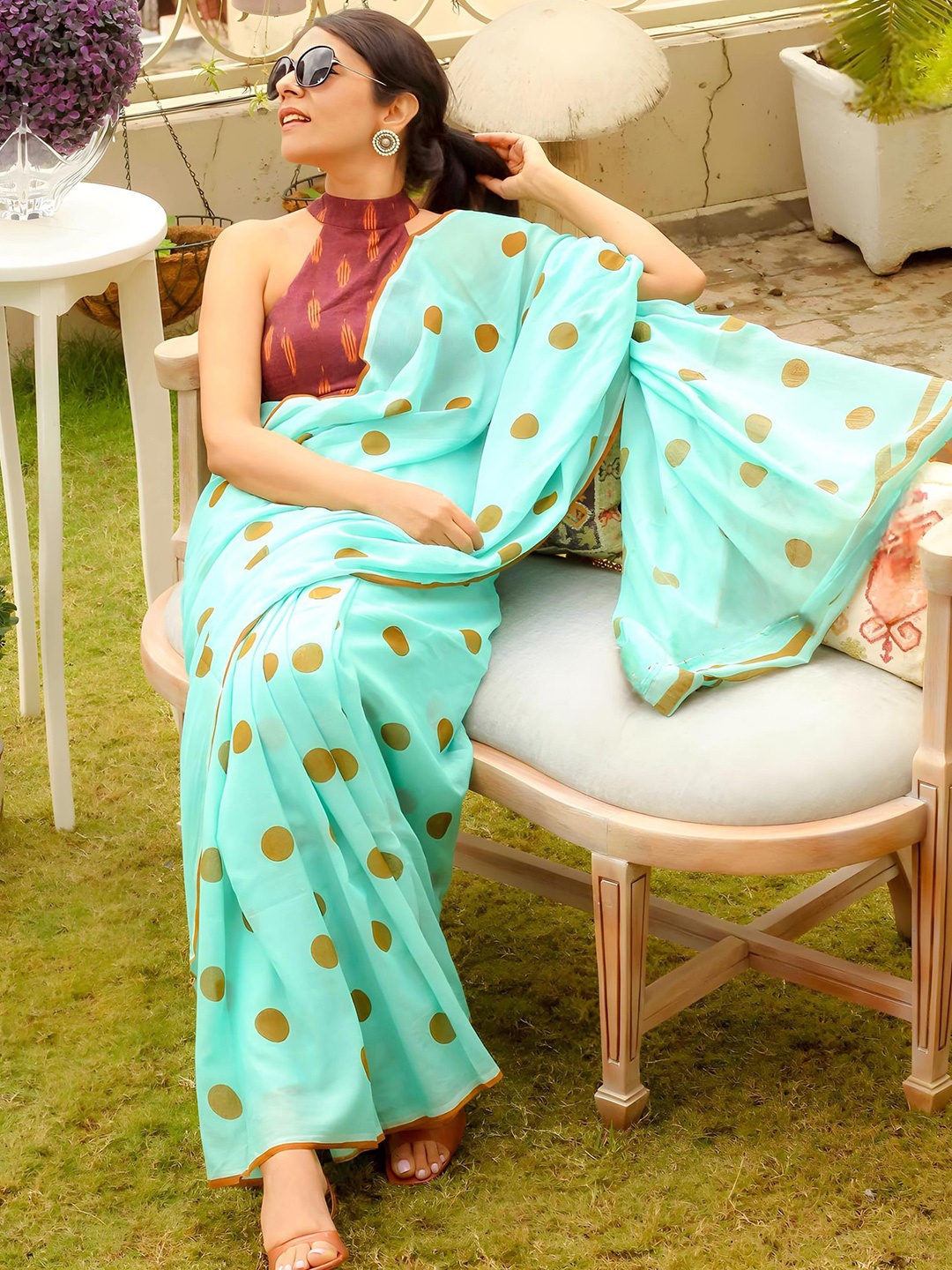 

Sidhidata Polka Dot Printed Chanderi Saree, Sea green