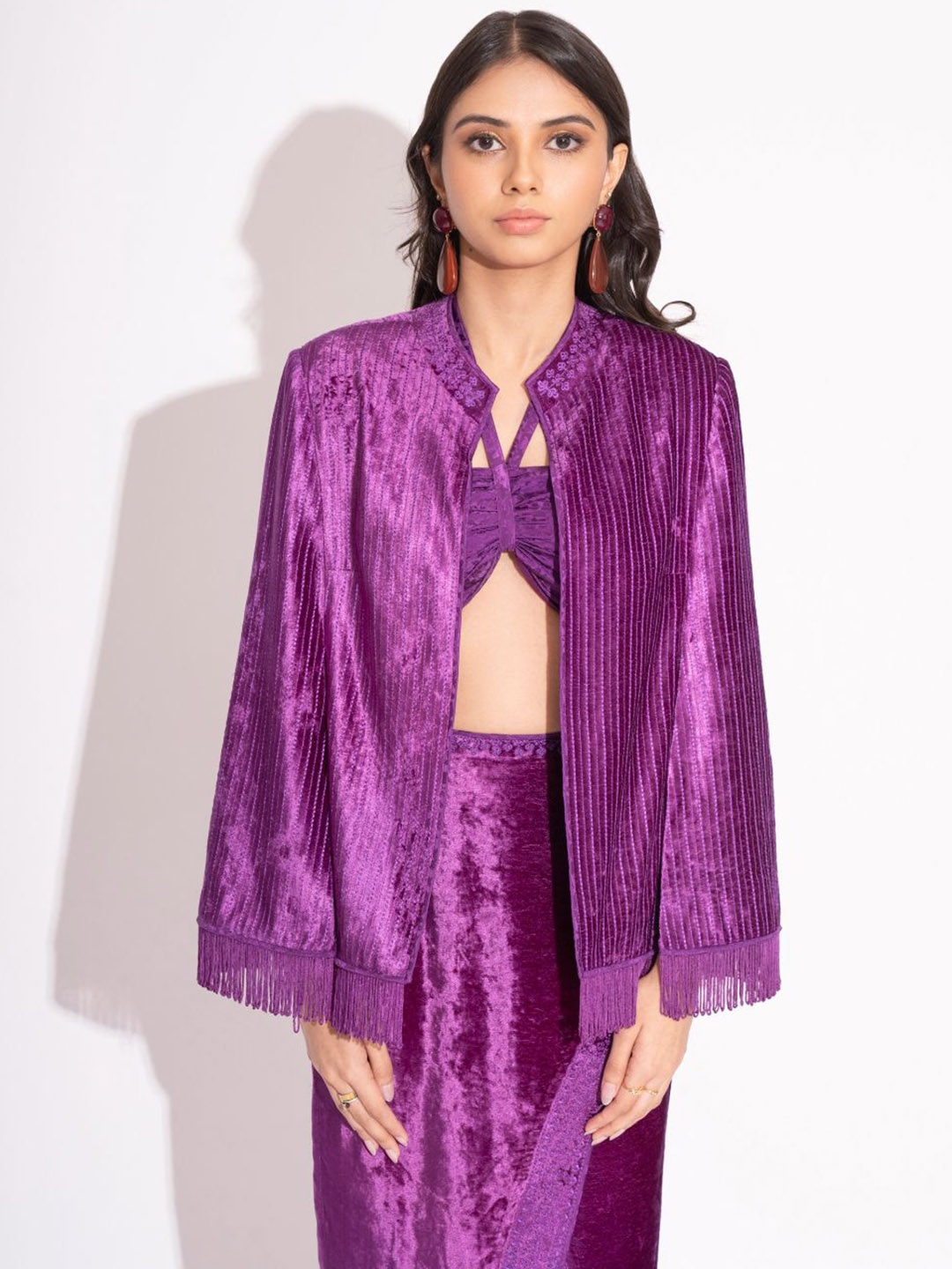 

HOUSE OF INARI Women Mandarin Collar Floral Printed Formal Tailored Jacket, Purple
