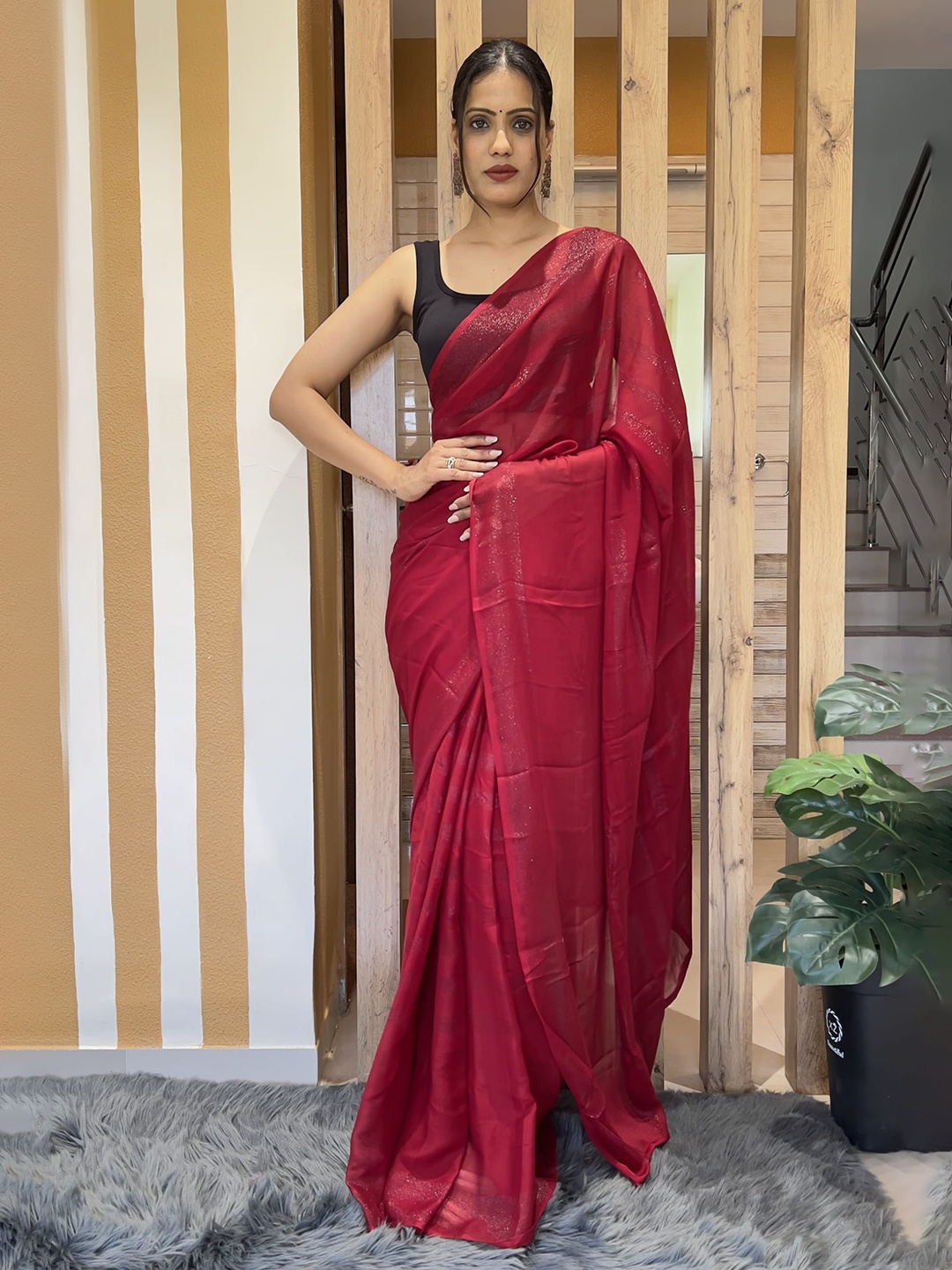 

V3 FASHION STUDIO Pure Chiffon Ready to Wear Saree, Red