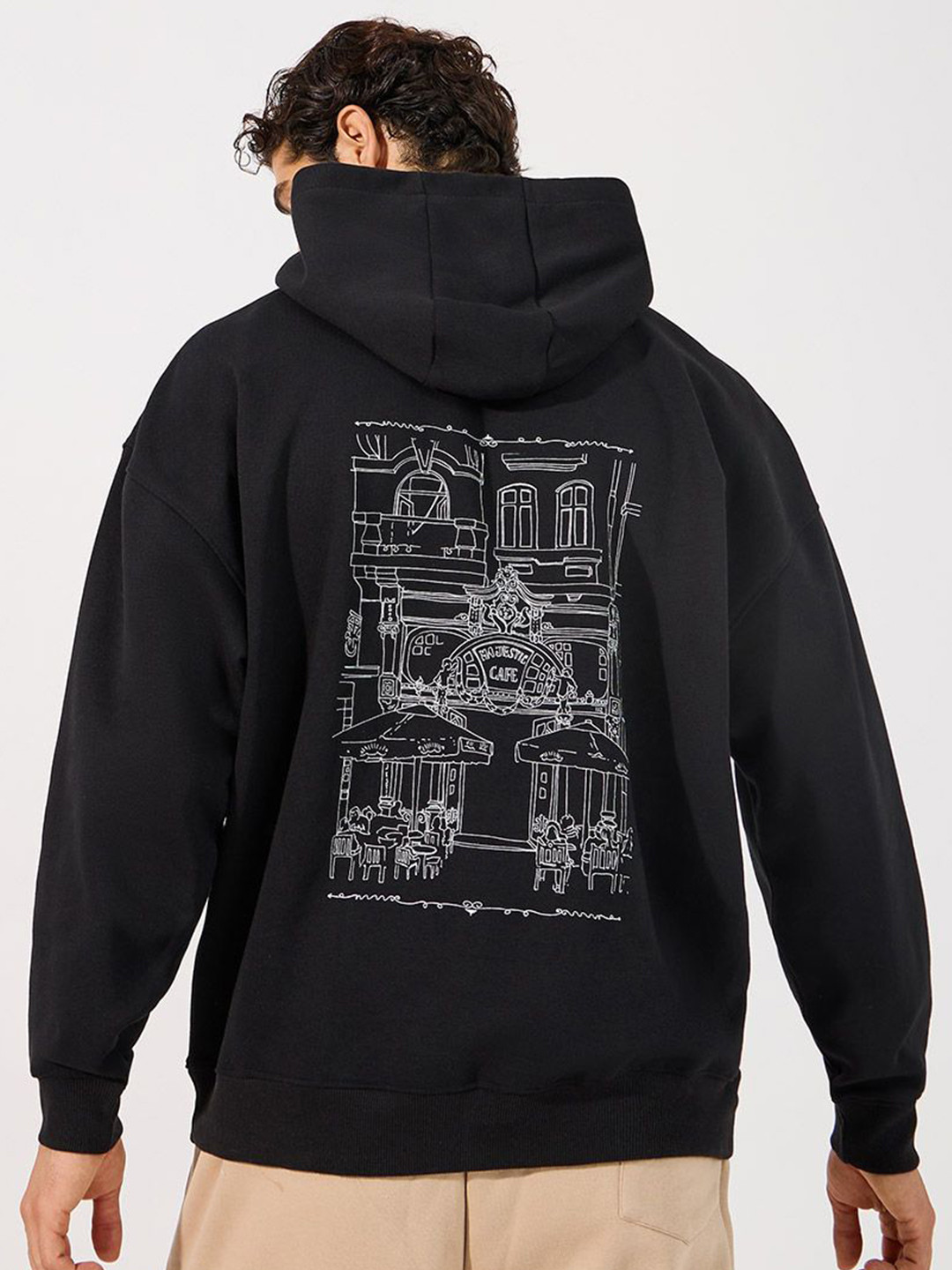 

Styli Oversized Fit Back Cafe Vibe Heavy Printed Hooded Pullover Sweatshirt, Black