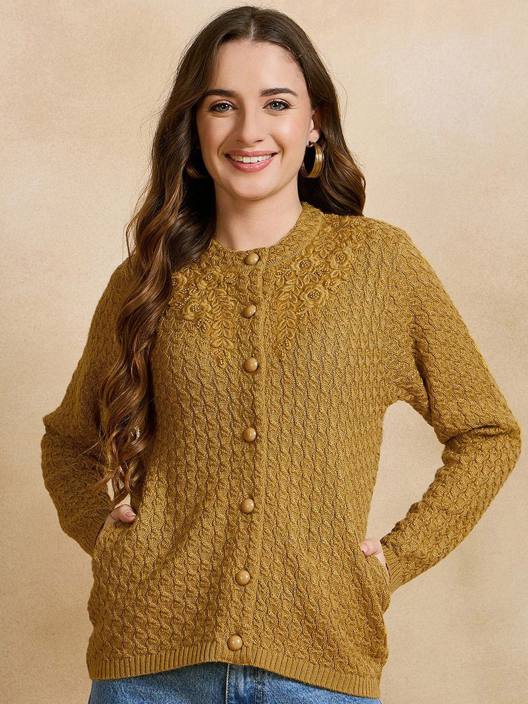 

CLAPTON Women Cable Knit Woollen Cardigan, Gold