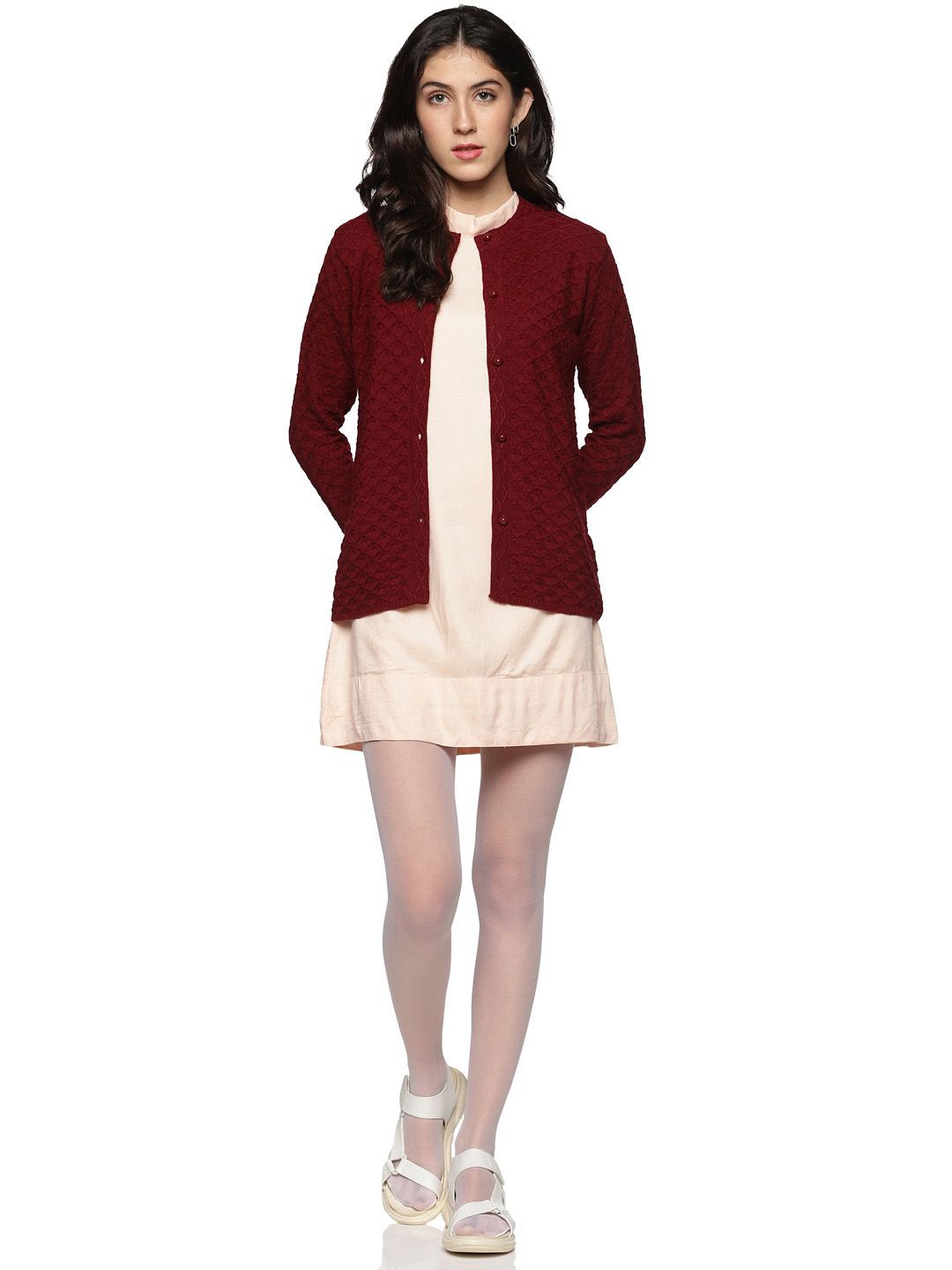 

CLAPTON Women Cable Knit Woollen Cardigan, Maroon