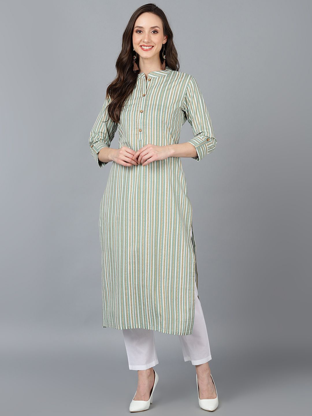 

AHIKA Striped Printed Regular Cotton Straight Kurta, Green