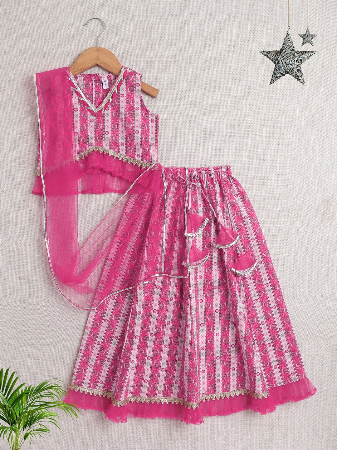 

The Magic Wand Girls Embellished Cotton Ready to Wear Lehenga & Blouse With Dupatta, Fuchsia
