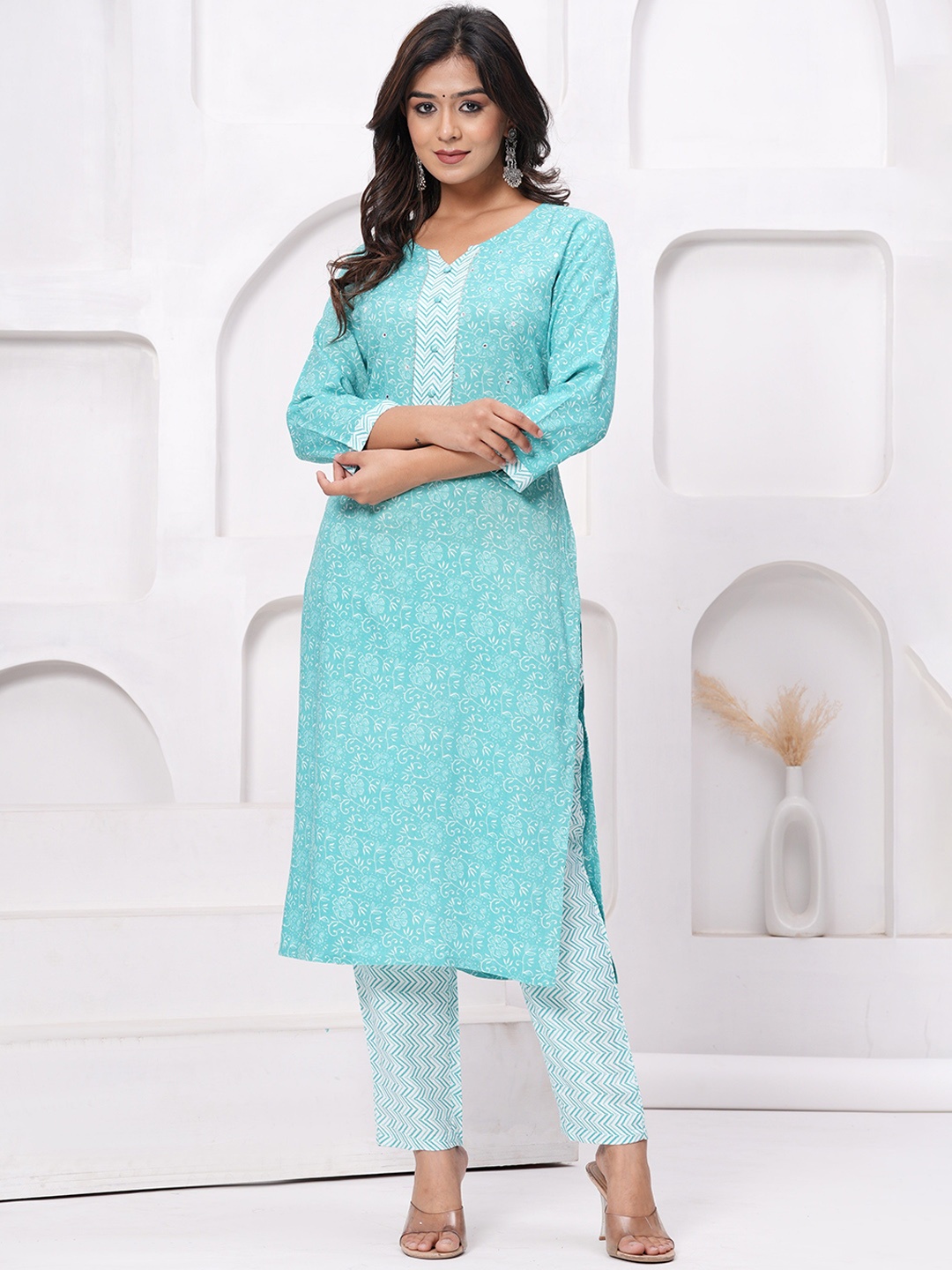 

KALINI Floral Printed Straight Mirror Work Kurta with Trousers & Dupatta, Turquoise blue