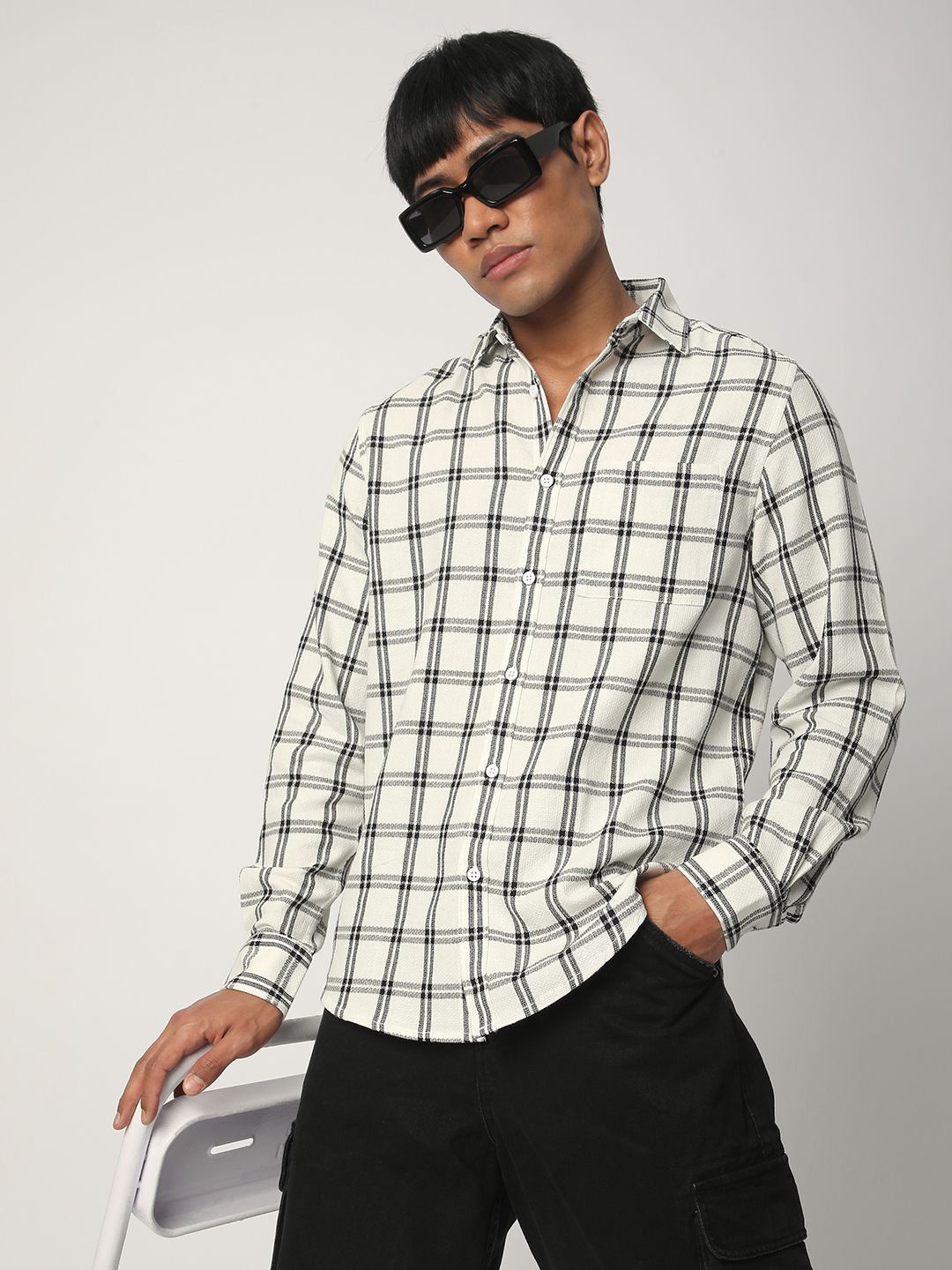 

R&B Men Spread Collar Tartan Checked Cotton Casual Shirt, White