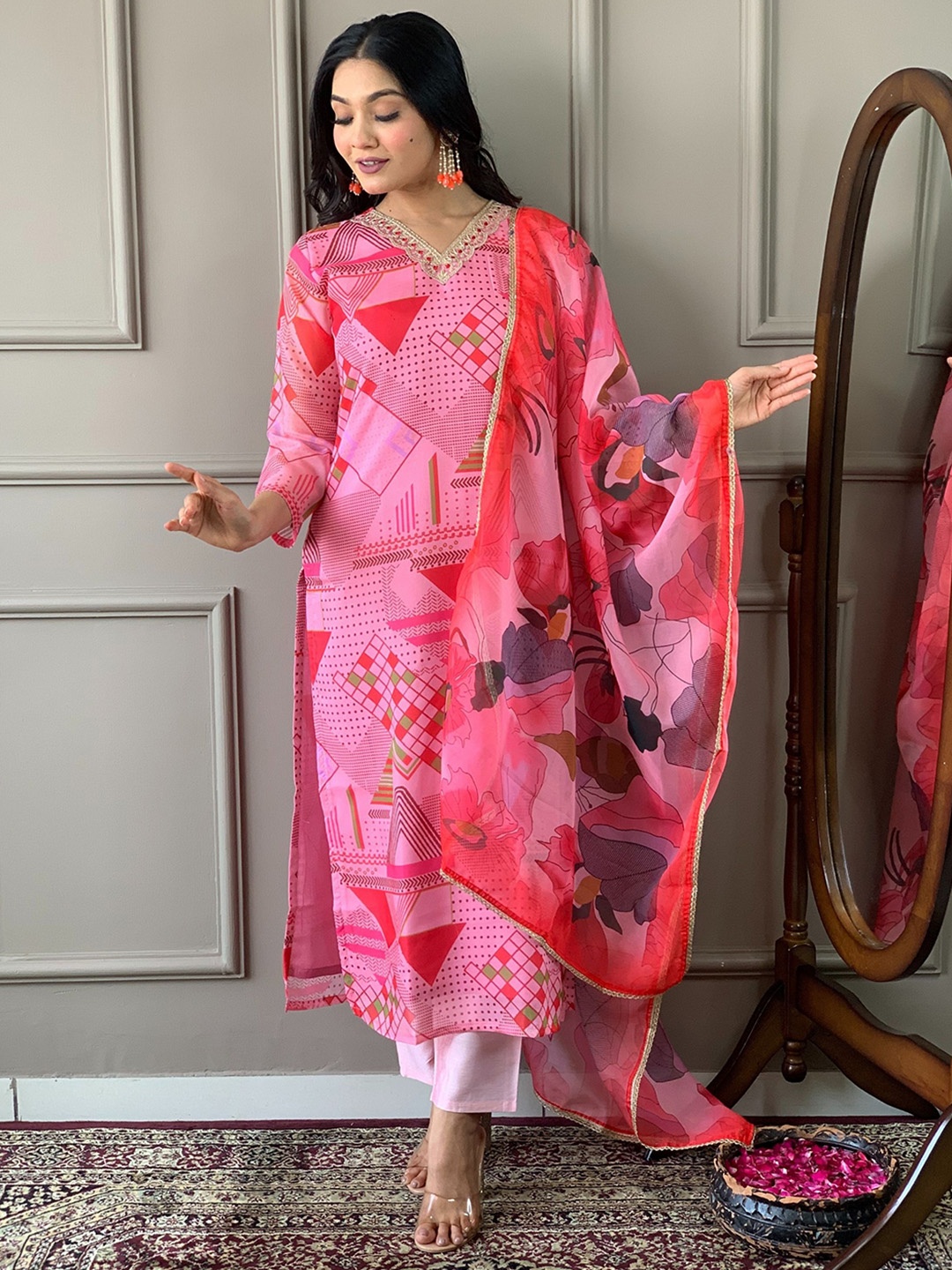 

KALINI Geometric Printed V-Neck Chanderi Silk Kurta with Trouser & Dupatta, Pink