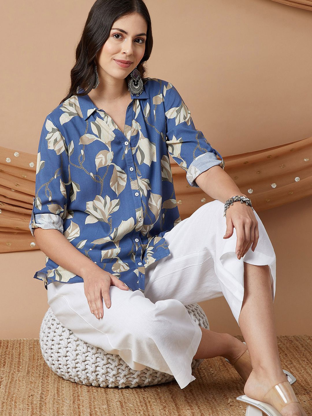 

Melange by Lifestyle Floral Printed Spread Collar Shirt, Blue
