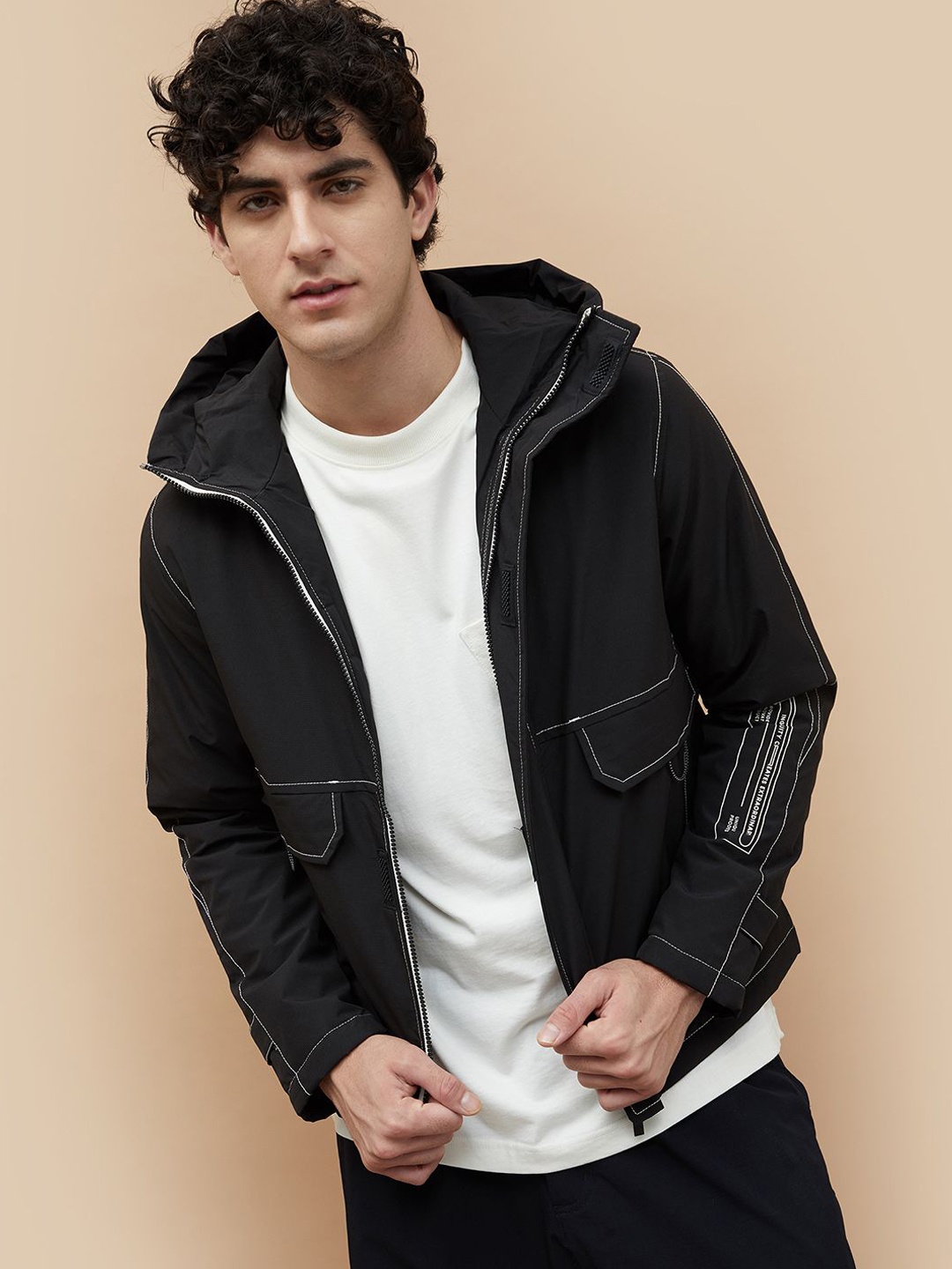 

Bossini Men Hooded Solid Casual Bomber Jacket, Black