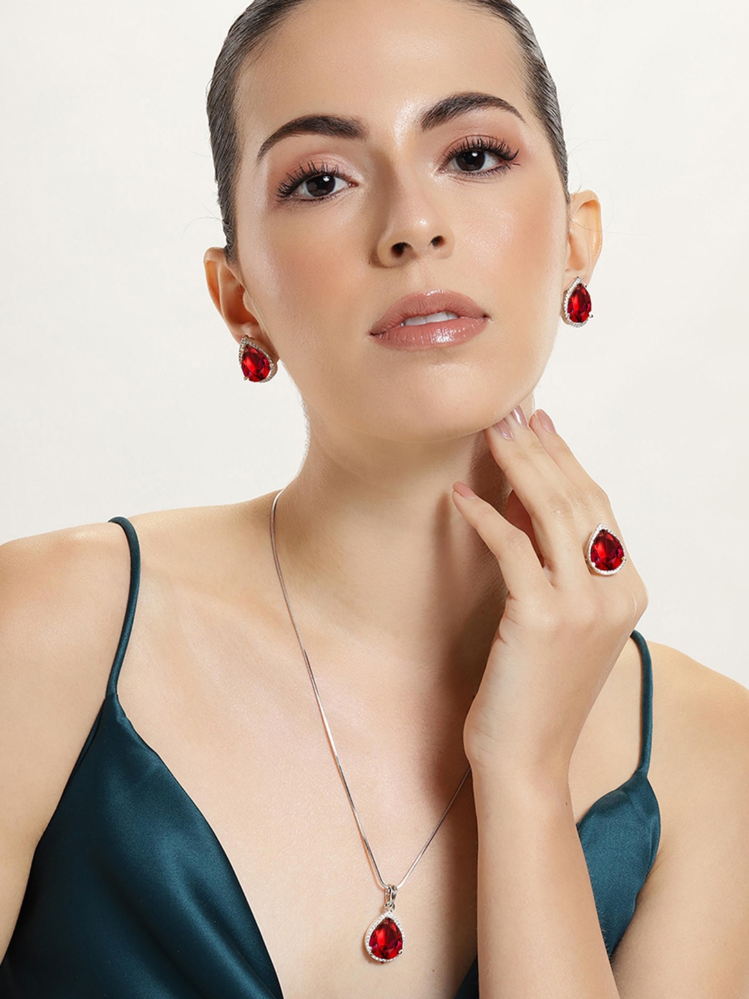 

ABDESIGNS Silver-Plated Stone-Studded Jewellery Set