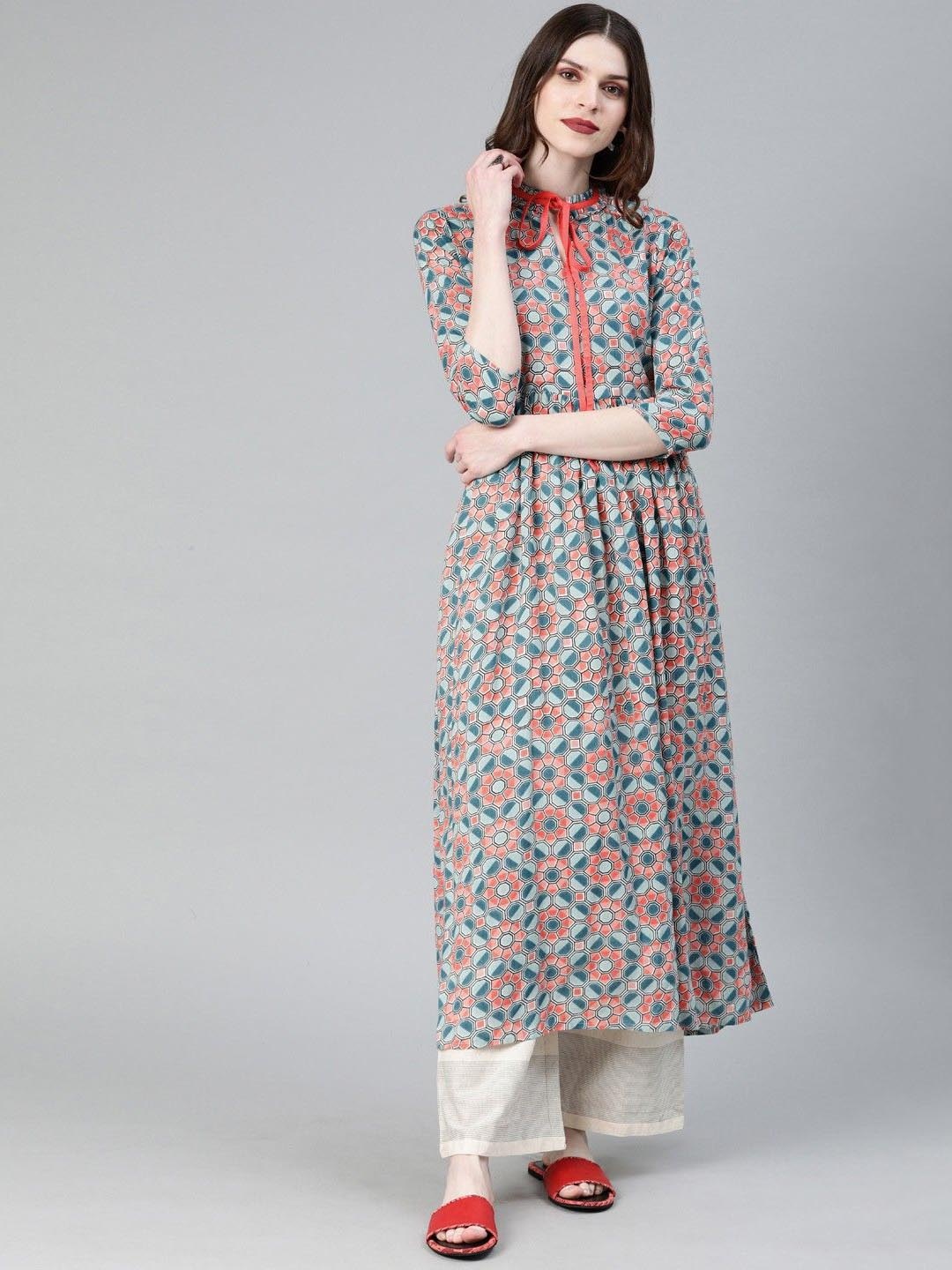 

KALINI Geometric Printed Tie-up Neck Cotton Kurta, Red