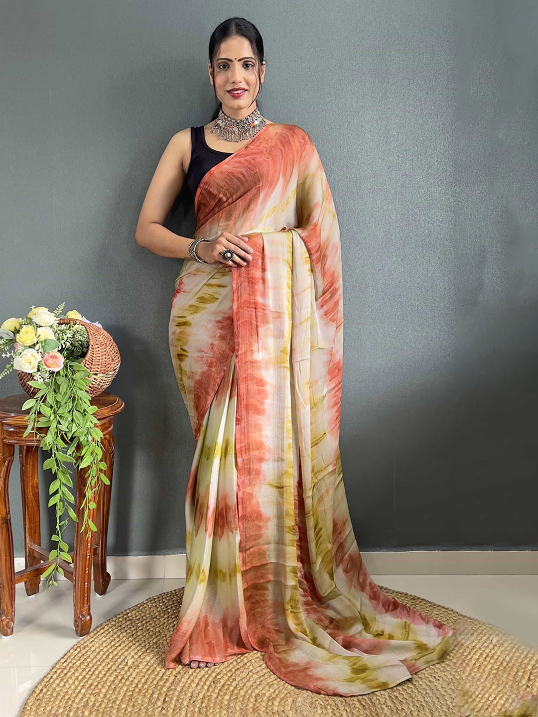 

V3 FASHION STUDIO Tie and Dye Dyed Pure Chiffon Saree, Brown