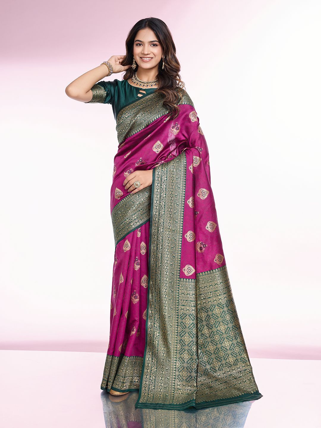 

RICH & ROMAN Woven Design Zari Pure Silk Banarasi Saree, Magenta