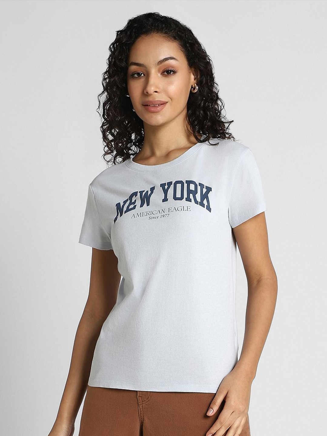 

AMERICAN EAGLE OUTFITTERS Women Typography Printed Round Neck Cotton T-shirt, Grey