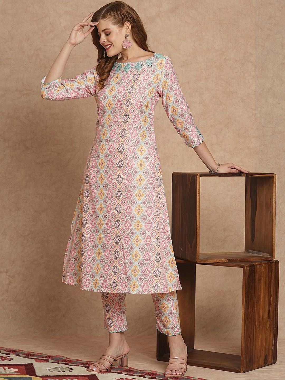 

FASHOR Printed Pure Cotton Tunic With Trousers, White