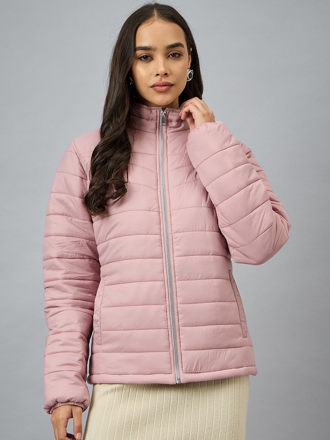 

Club York Women Mock Collar Solid Casual Padded Jacket, Pink