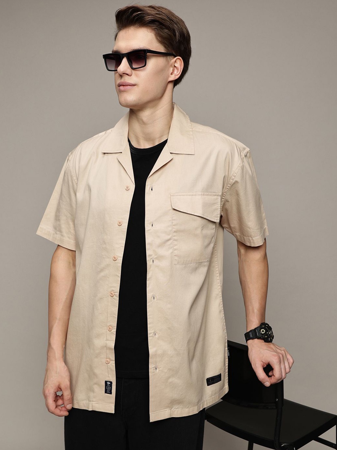 

The Roadster Lifestyle Co. Men Premium Cuban Collar Solid Cotton Oversized Casual Shirt, Beige