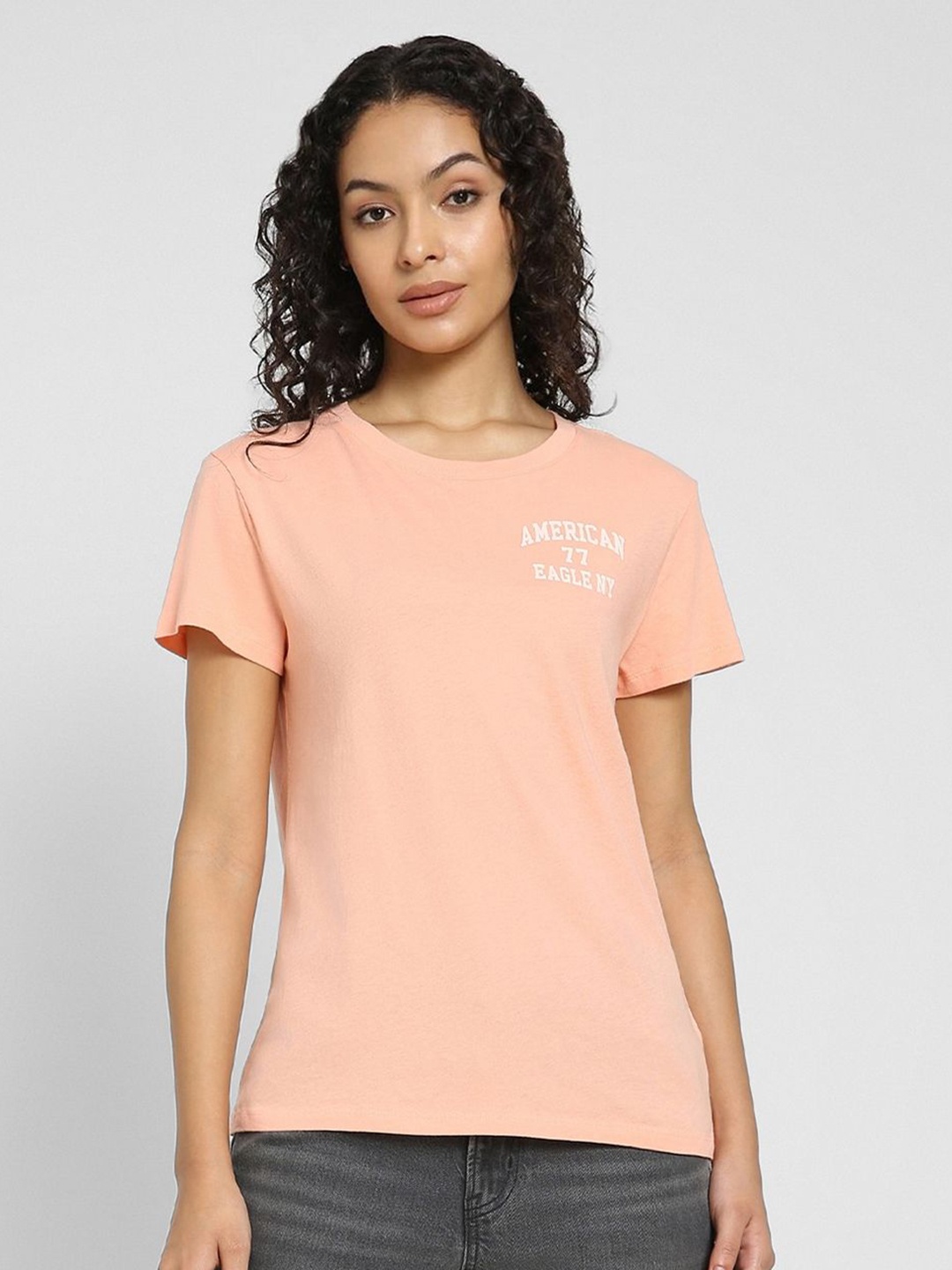 

AMERICAN EAGLE OUTFITTERS Women Typography Printed Round Neck Cotton T-shirt, Peach