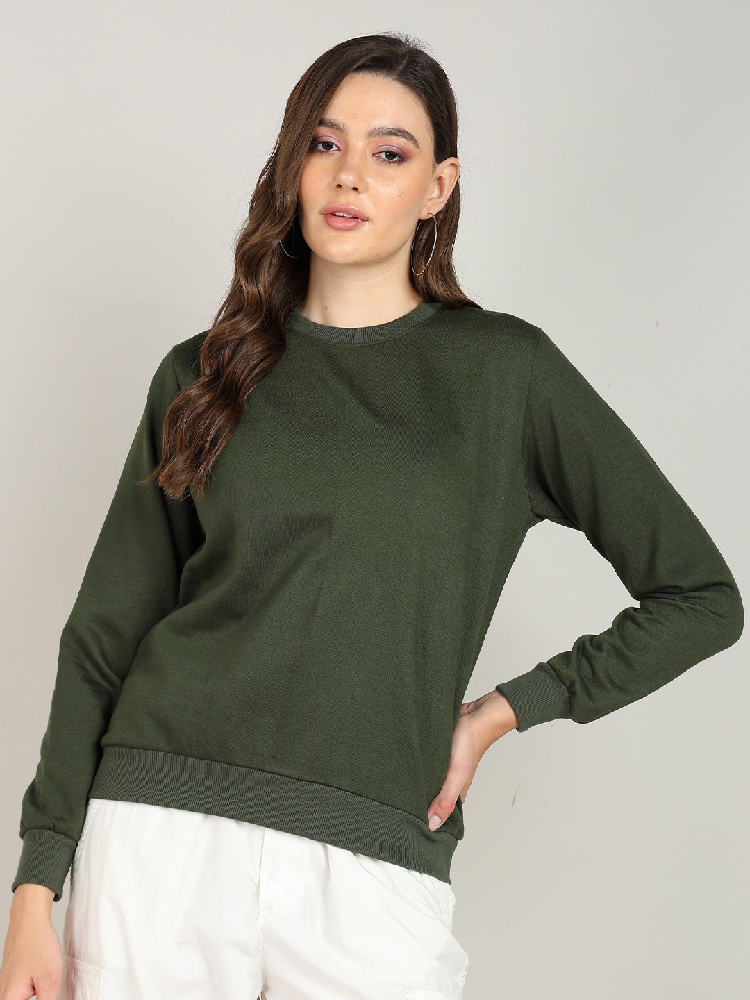 

Adyavastram Women Solid Round Neck Long Sleeves Pullover Sweatshirt, Olive