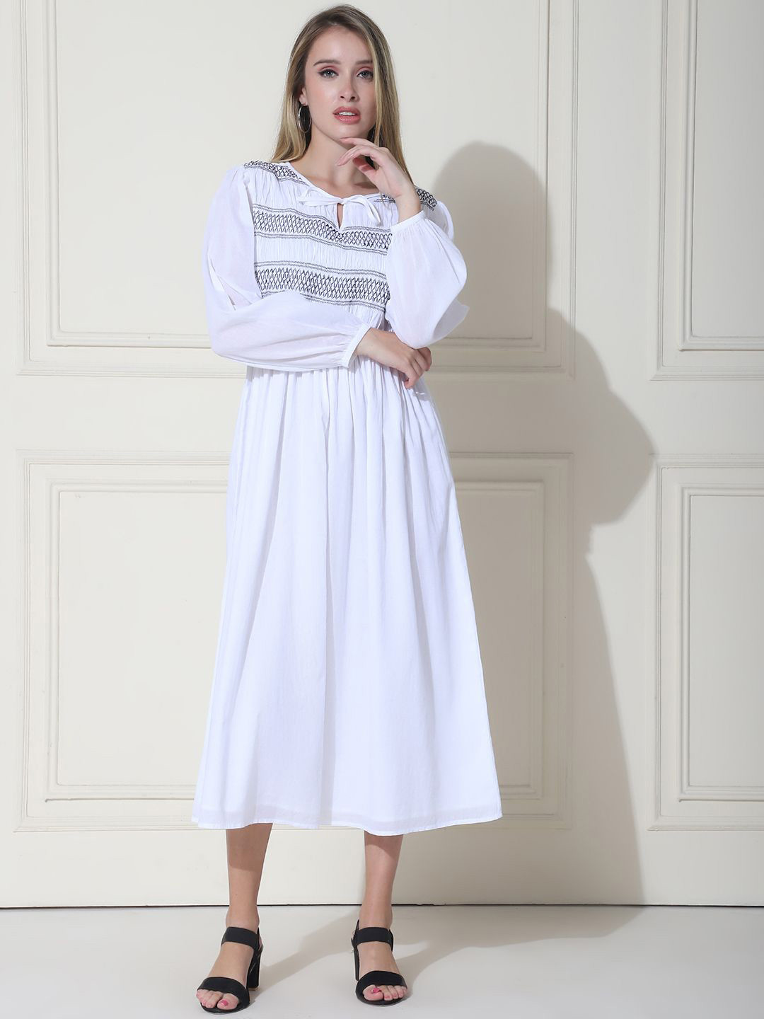 

Purple State Women Gathered & Smoking Fit & Flare Maxi Dress, White