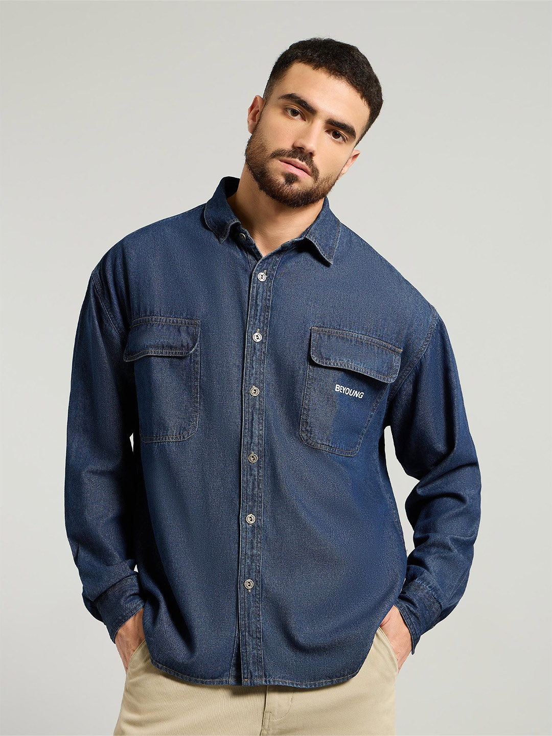 

Beyoung Men Cuban Collar Solid Cotton Casual Shirt, Navy blue