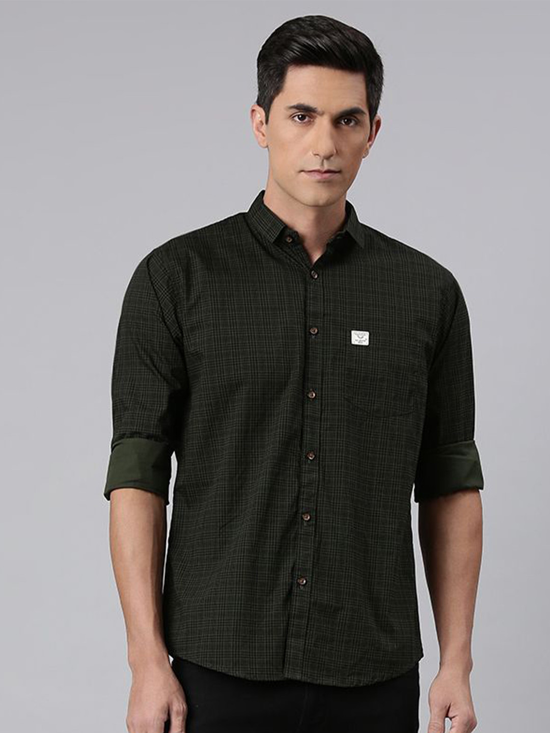 

Majestic Man Men Comfort Spread Collar Checked Cotton Slim Fit Casual Shirt, Olive