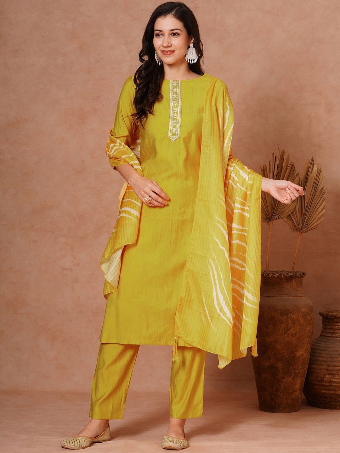 

FASHOR Ethnic Motifs Yoke Design Straight Thread Work Kurta with Trousers & Dupatta, Yellow