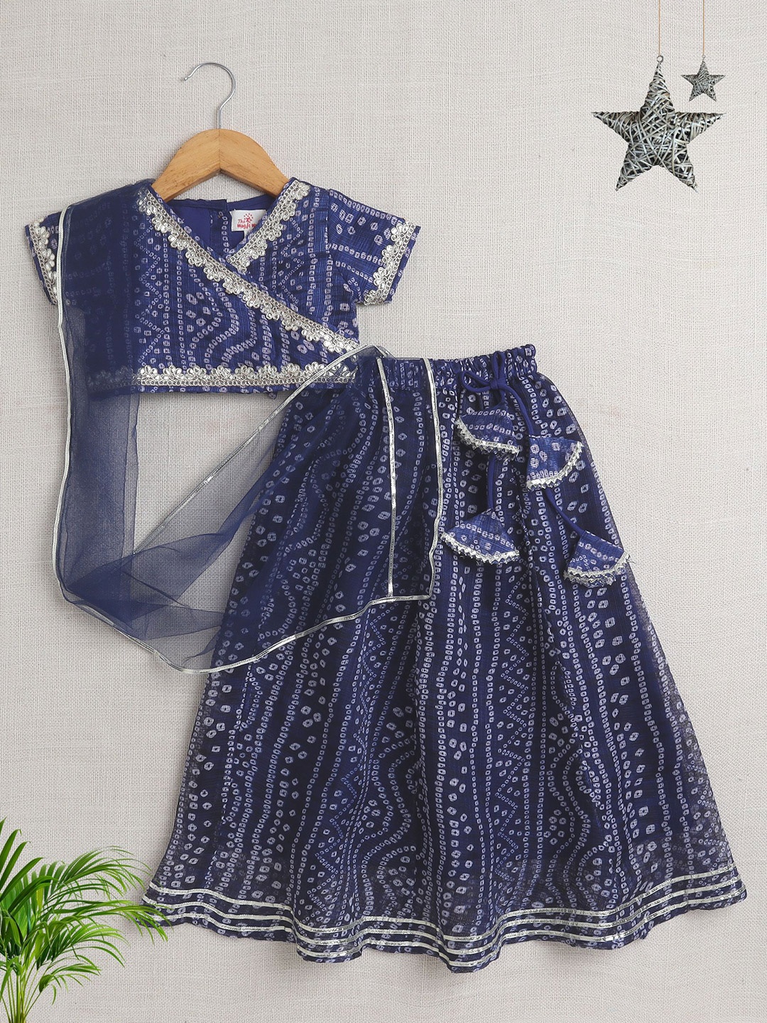 

The Magic Wand Girls Bandhani Printed Gotta Patti Cotton Ready to Wear Lehenga Choli, Navy blue