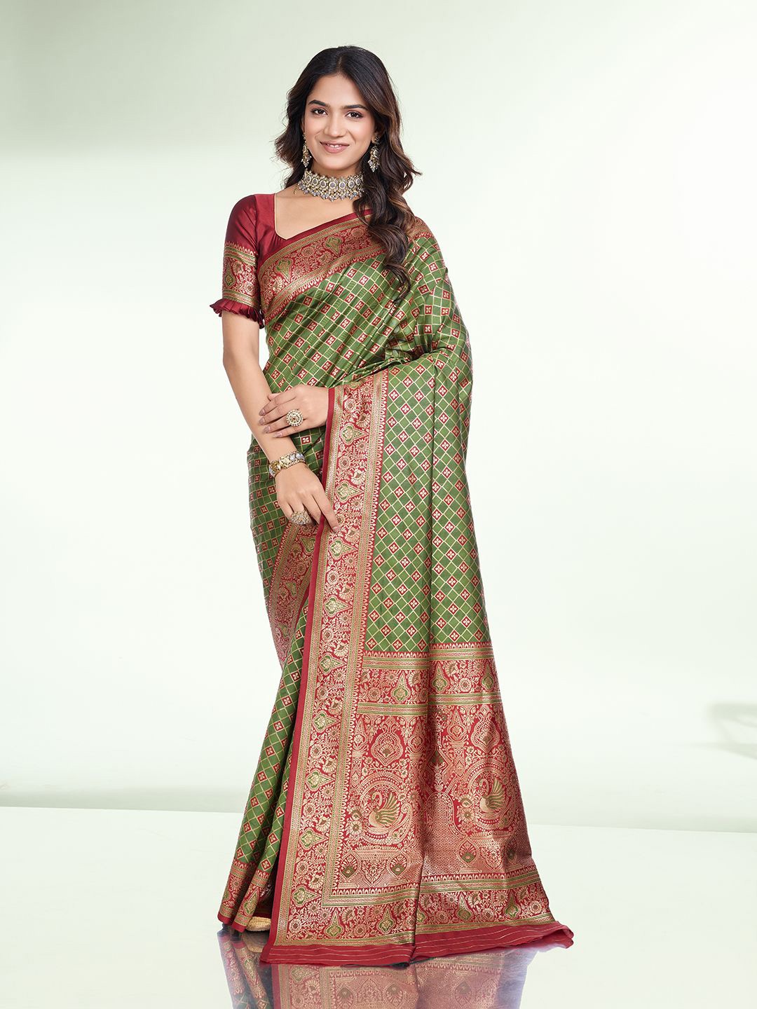 

RICH & ROMAN Woven Design Zari Pure Silk Banarasi Saree, Olive