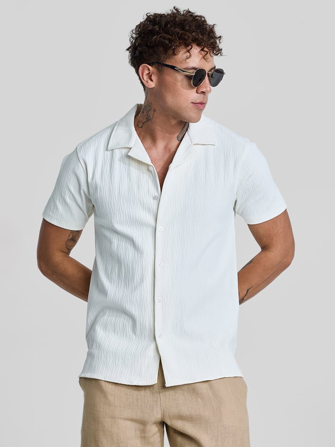 

Snitch Men Smart Cuban Collar Textured Casual Shirt, White