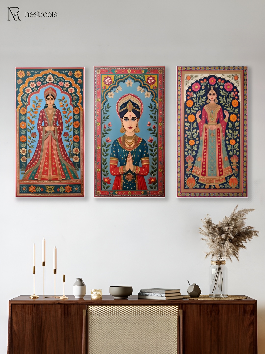 

nestroots Red & Blue 3 Pieces Elegant Indian Canvas Series Printed Canvas Wall Art