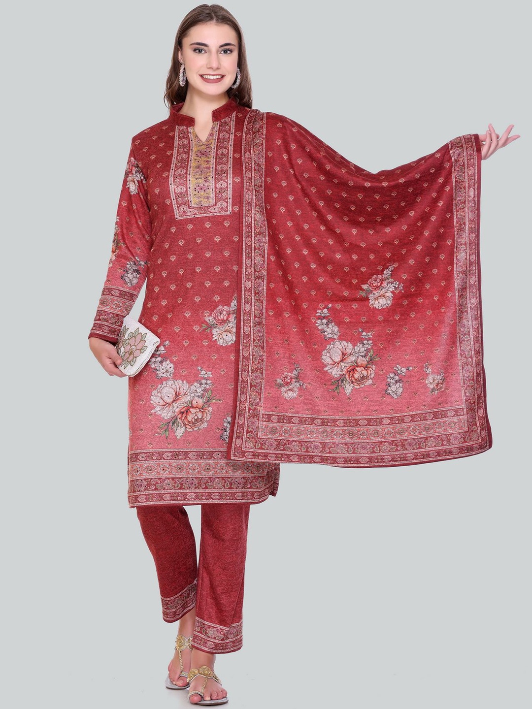 

Melvin Floral Printed Sequinned Mandarin Collar Straight Kurta With Trouser & Dupatta, Red
