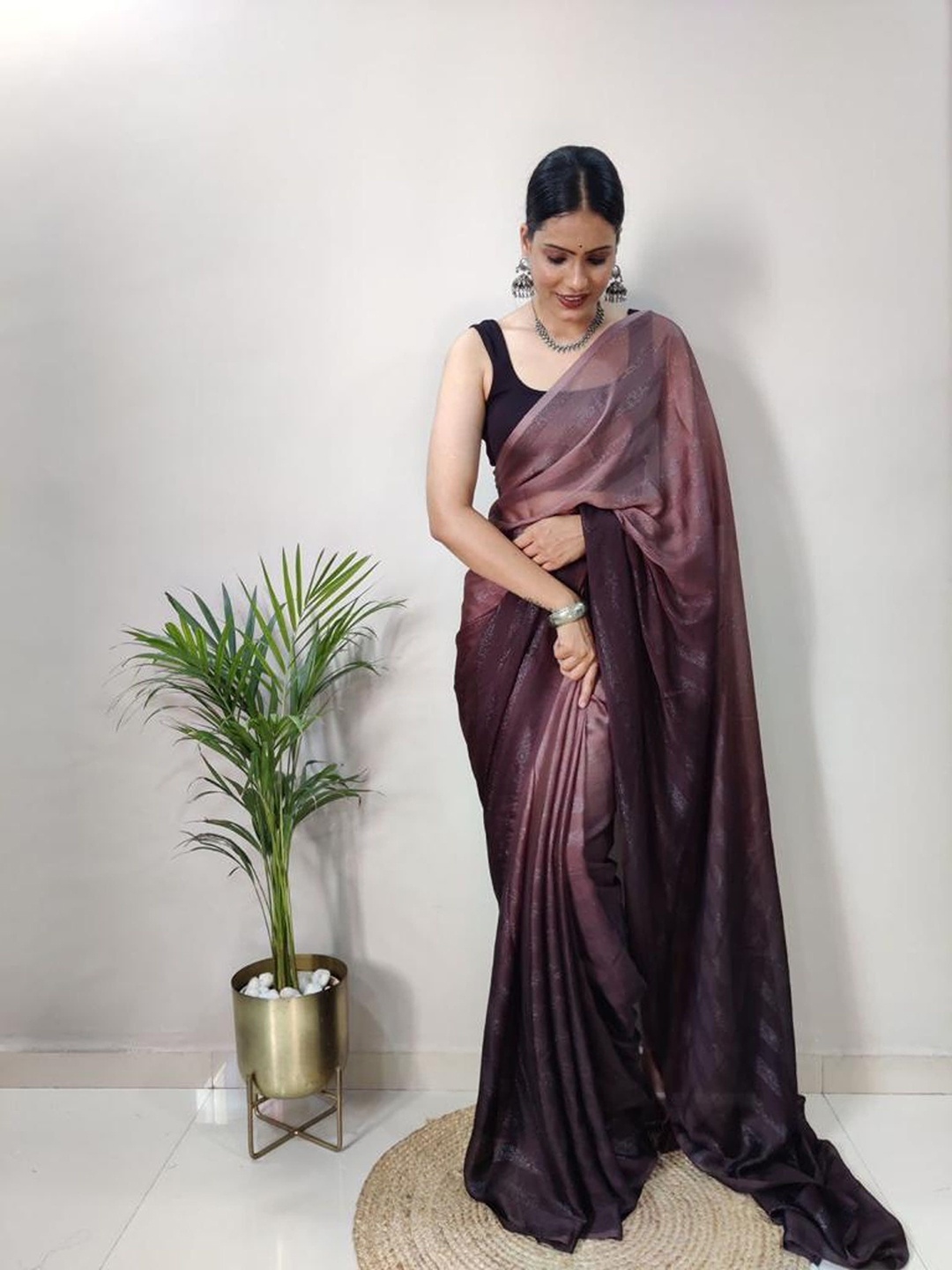 

V3 FASHION STUDIO Ombre Pure Chiffon Ready to Wear Saree, Burgundy