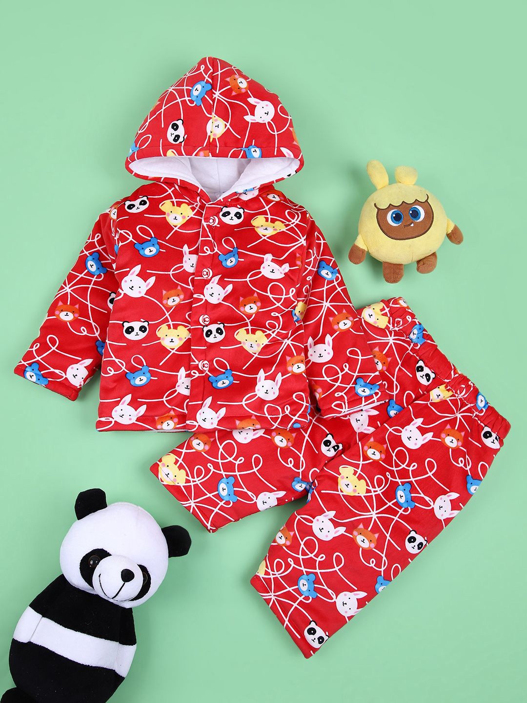 

V-Mart Kids Printed Hooded Long Sleeves Velvet Sweatshirt With Trouser, Red