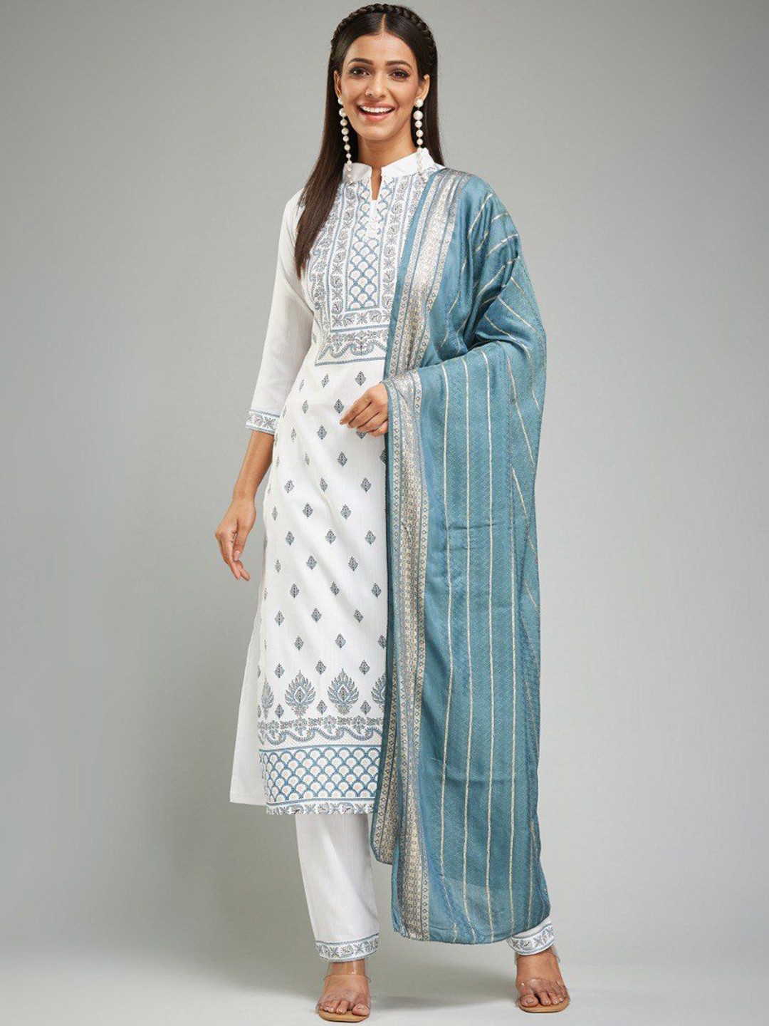 

Aika Floral Printed Mandarin Collar Chanderi Silk Straight Kurta With Trousers & Dupatta, White